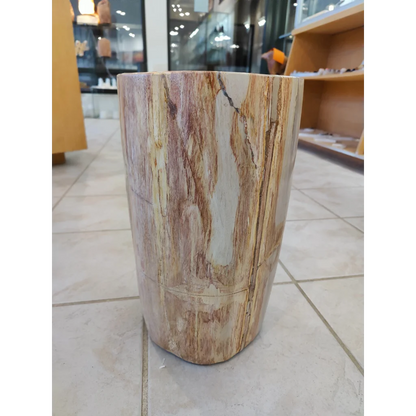 Petrified wood pedestal with natural wood-finish stone top