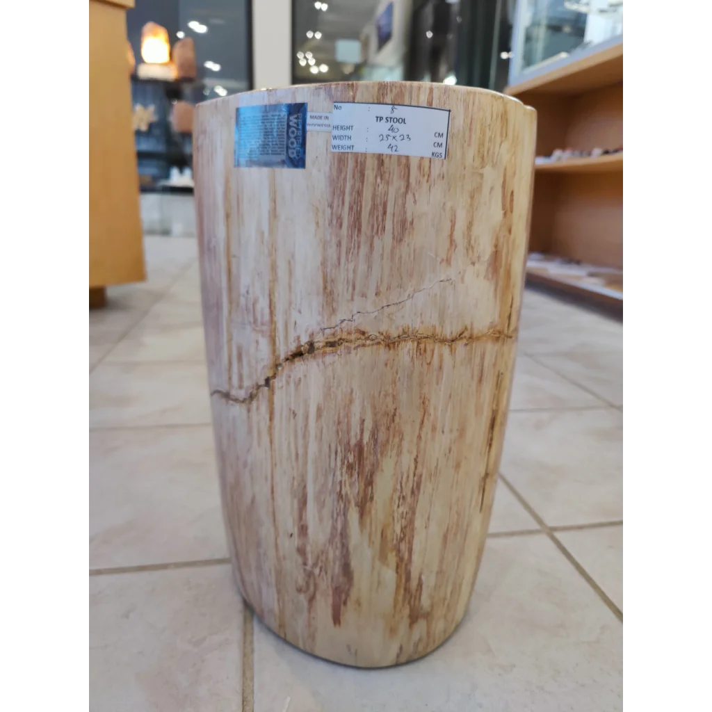 Petrified wood pedestal with light natural wood grain stool