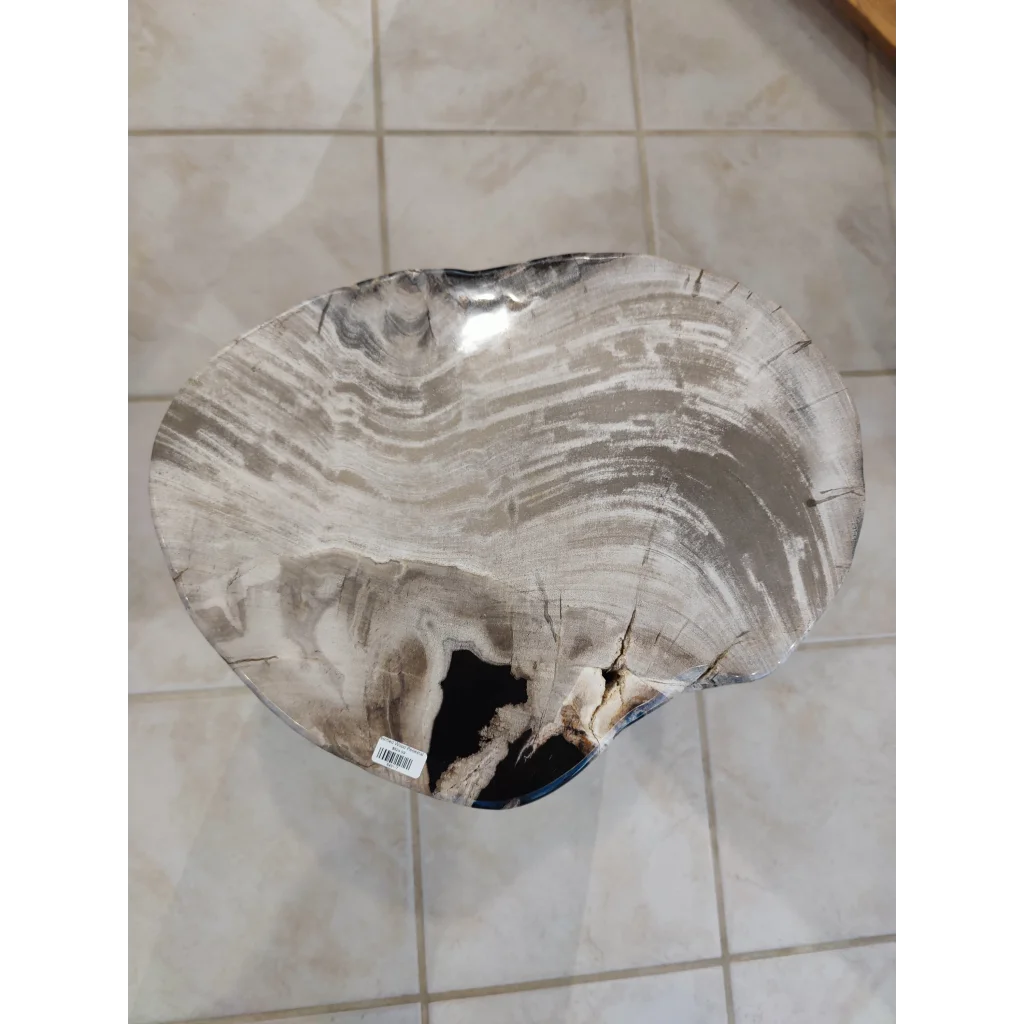 Polished petrified wood pedestal bowl with swirling gray-white patterns