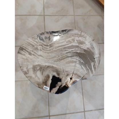 Polished petrified wood pedestal bowl with swirling gray-white patterns