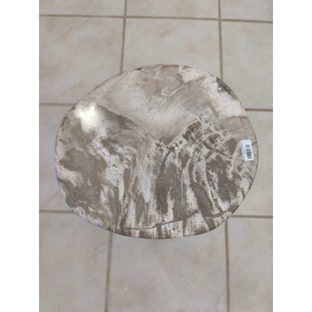 Rustic petrified wood pedestal stool with natural weathered grain