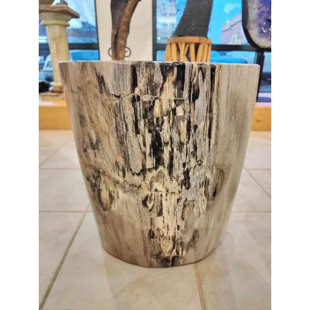 Rustic petrified wood pedestal table with natural striations