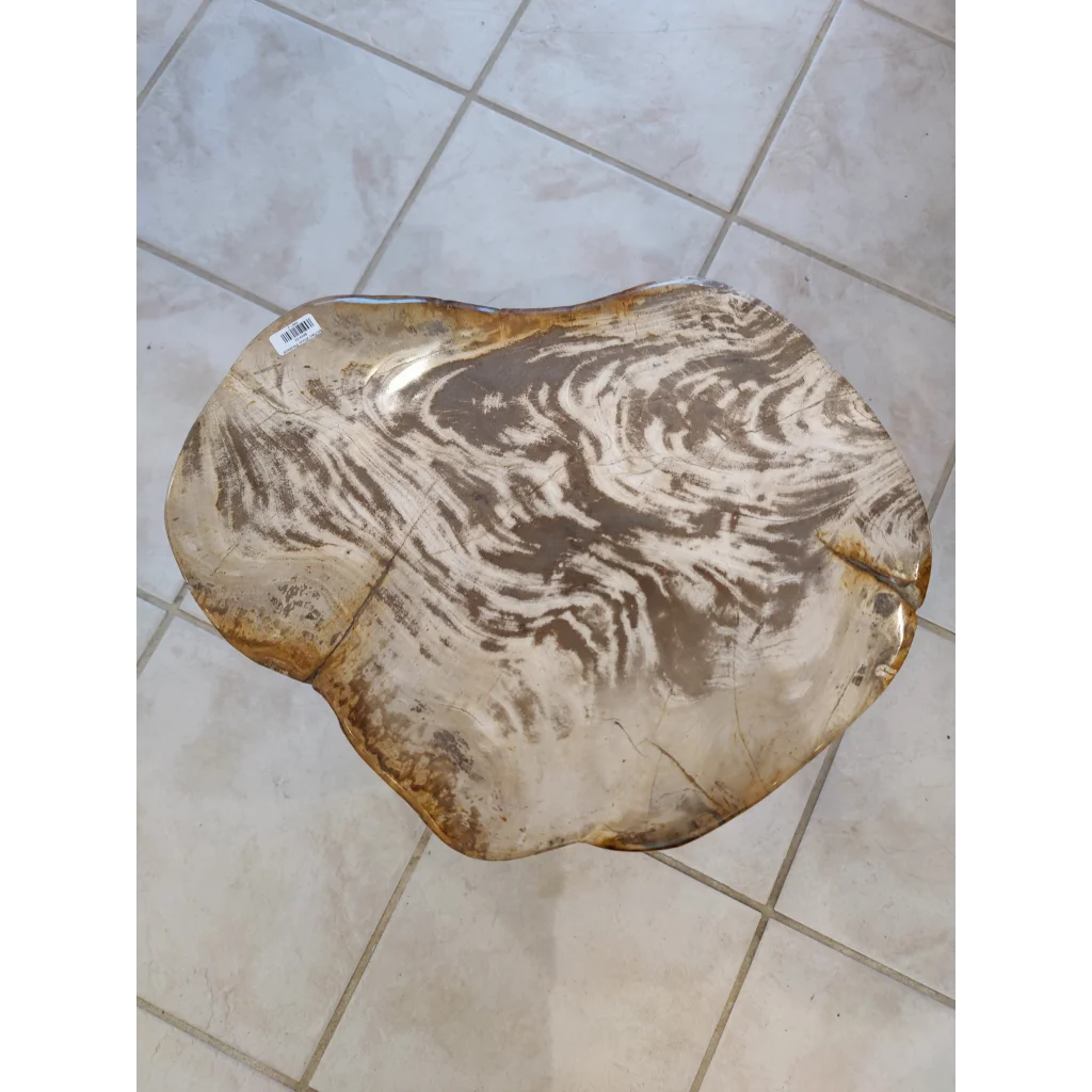 Rustic petrified wood pedestal table top with swirling grain