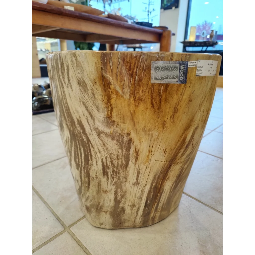 Rustic petrified wood pedestal stool with polished amber grain