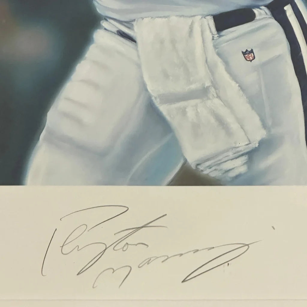 Peyton Manning autographed deluxe framed lithograph with white Adidas track pants