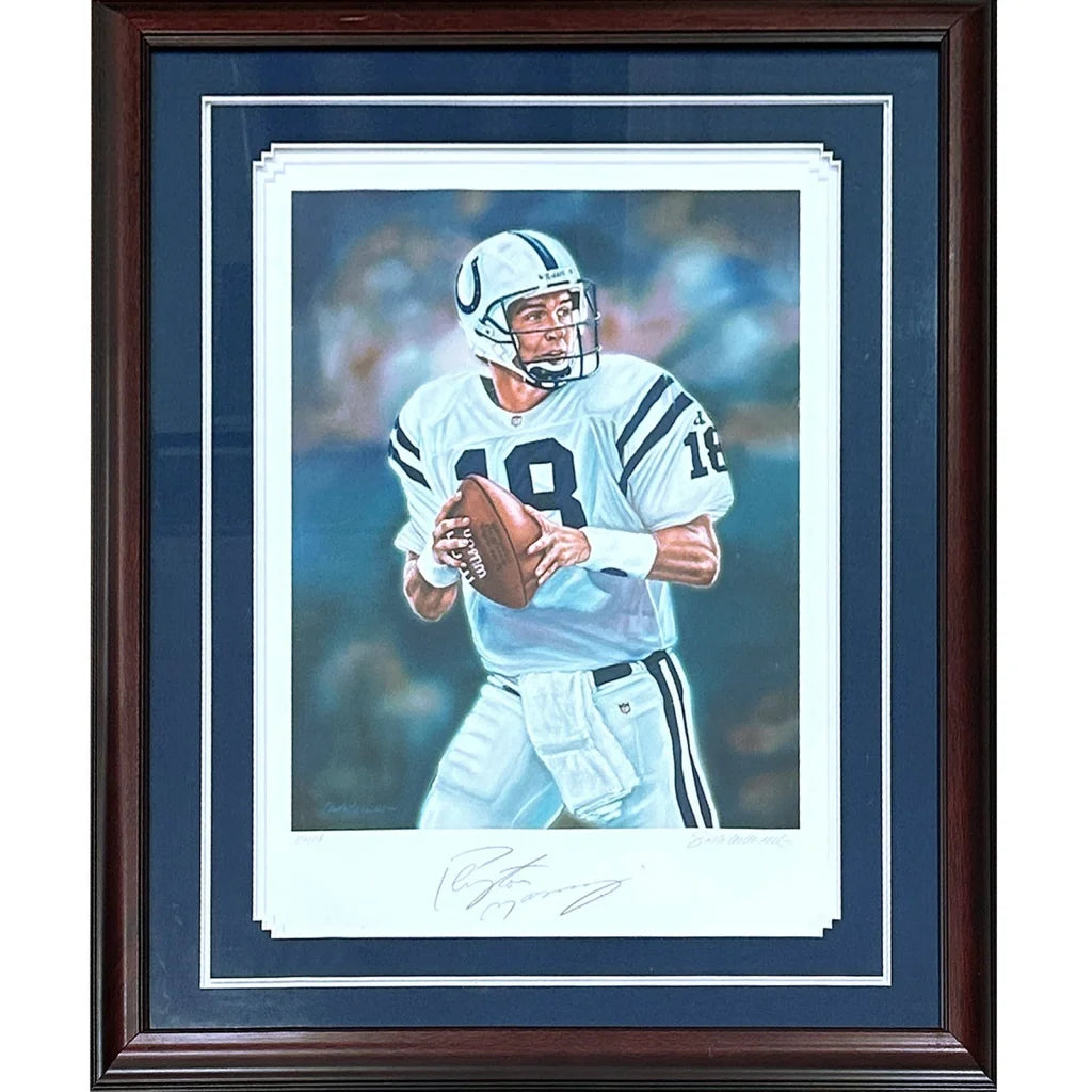 Peyton manning autographed deluxe framed lithograph of NFL QB in uniform