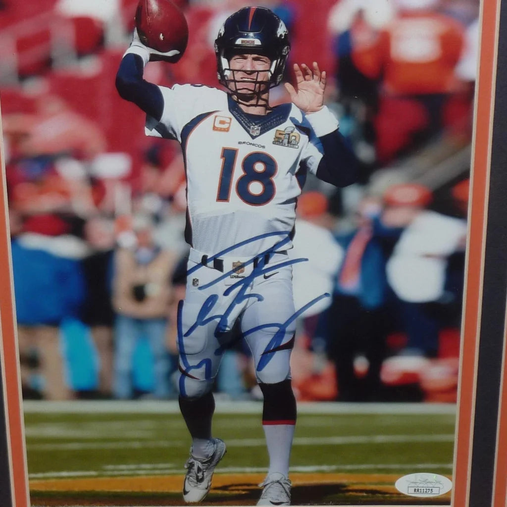 Peyton manning autographed deluxe framed 8x10 broncos action photo