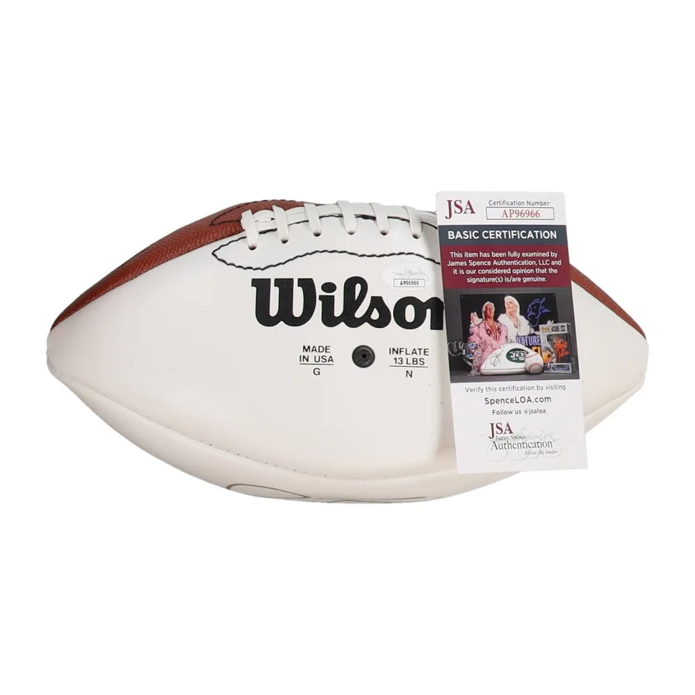 White and brown NFL football with certification tag, Phil Simms signed collectible