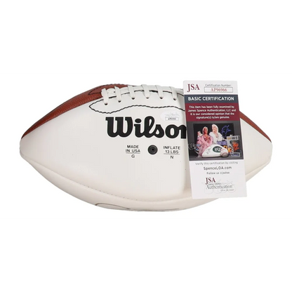 White and brown NFL football with certification tag, Phil Simms signed collectible