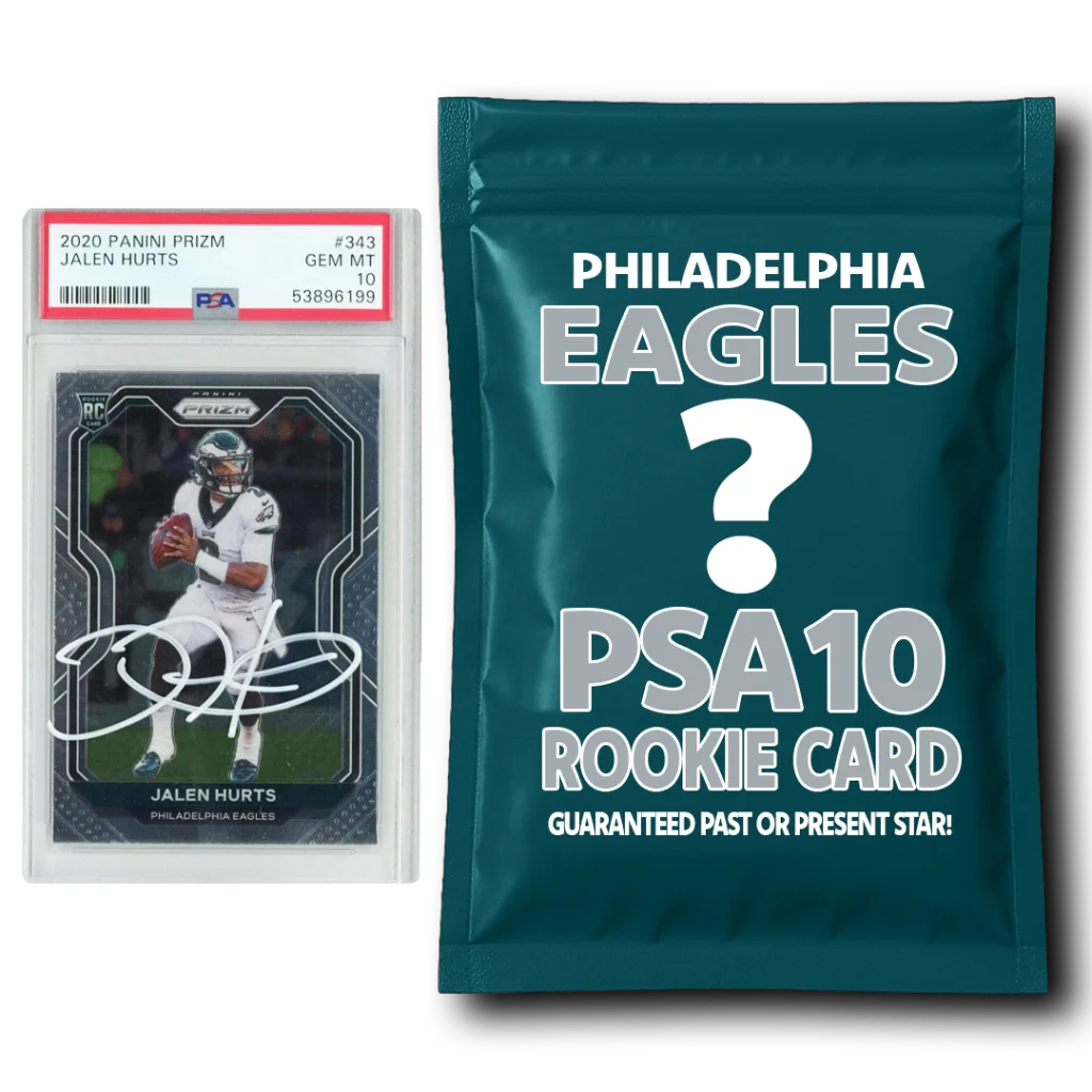 Jalen Hurts PSA 10 rookie card with sealed Panini Prizm pack featuring Eagles star