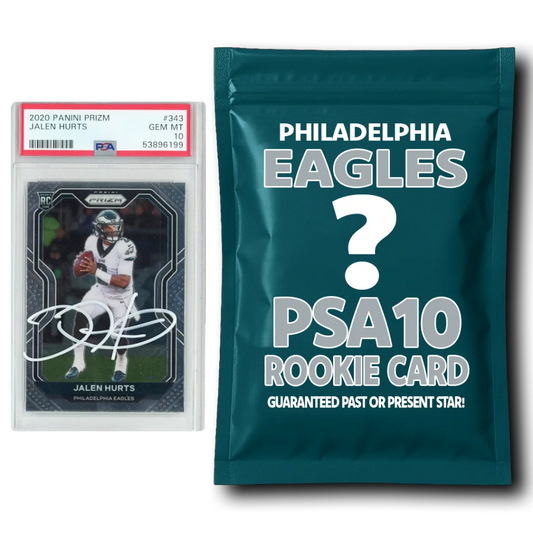 Jalen Hurts PSA 10 rookie card with sealed Panini Prizm pack featuring Eagles star