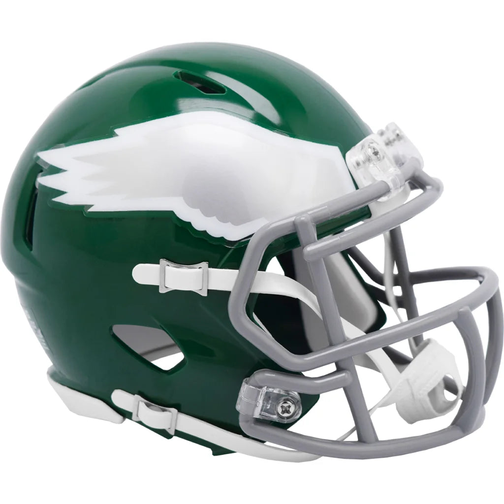 Green and white Philadelphia Eagles Riddell Speed Mini helmet with silver faceguard