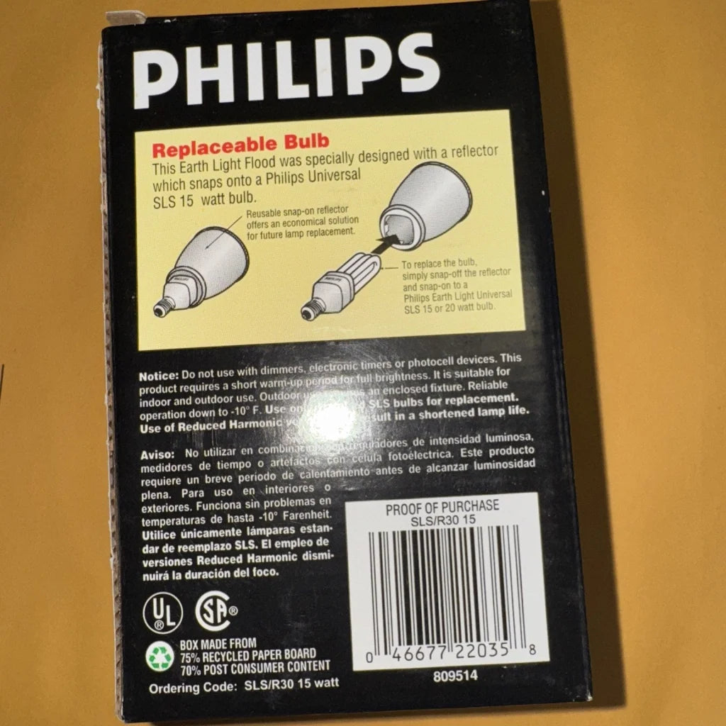 Philips Earth Light 15W R30 flood bulb in black box with reflector