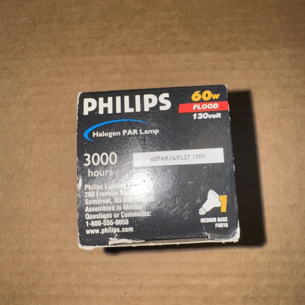 Philips 60W halogen flood light PAR38 black box with white red text