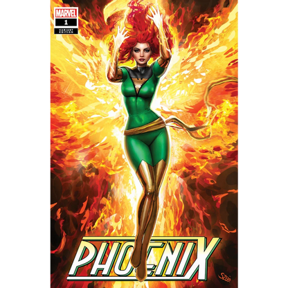 Comic book cover of Jean Grey as Phoenix in green with flames from Unknown Comics Nathan Szerdy