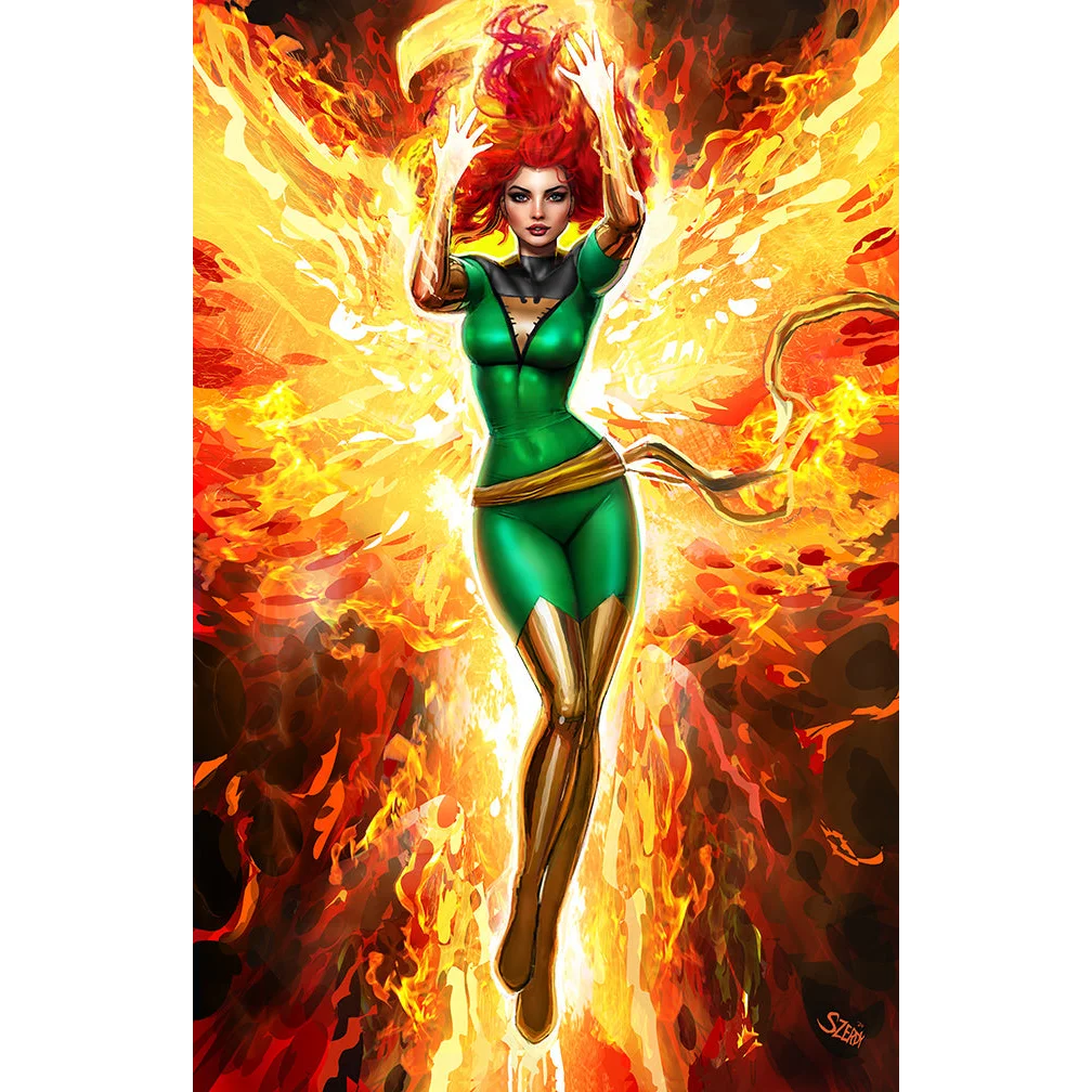 Woman with red hair in green and gold superhero costume engulfed in flames, comics Nathan Szerdy style