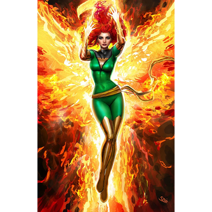 Woman with red hair in green and gold superhero costume engulfed in flames, comics Nathan Szerdy style