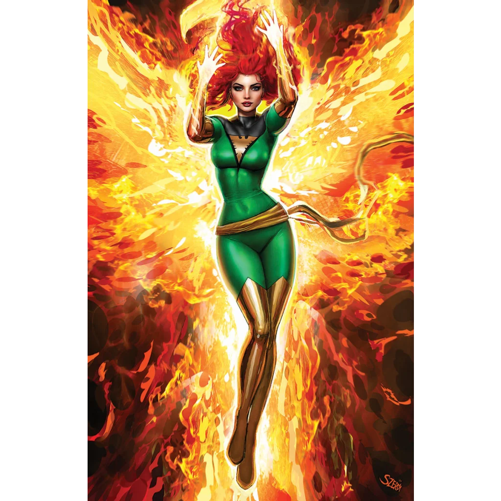 Jean Grey as Phoenix in green and gold costume flames from Unknown Comics Nathan Szerdy