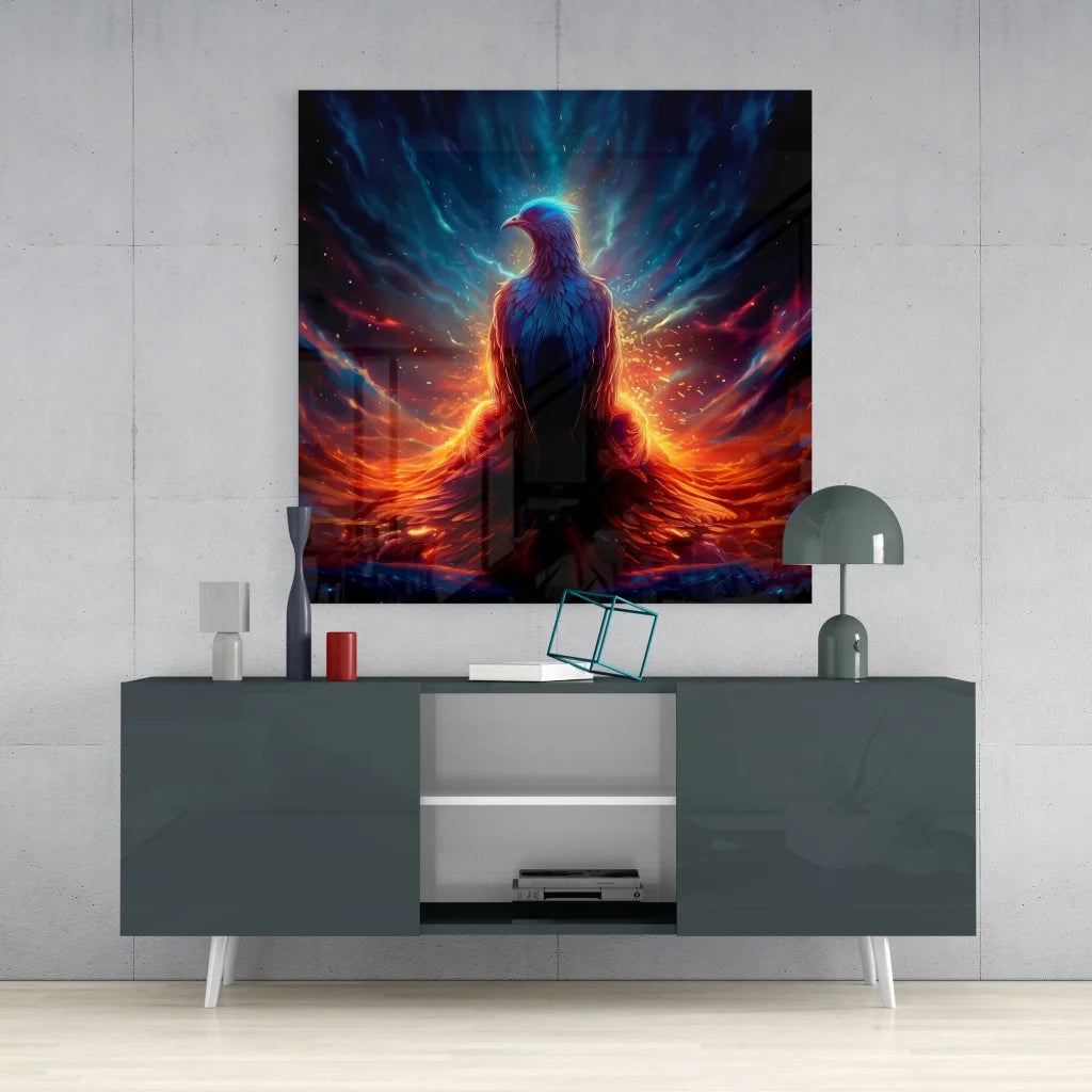 Majestic Phoenix Tempered Glass Art with Cosmic Fire Wings | Contemporary Home Wall Art | vintageantiquesgifts.com