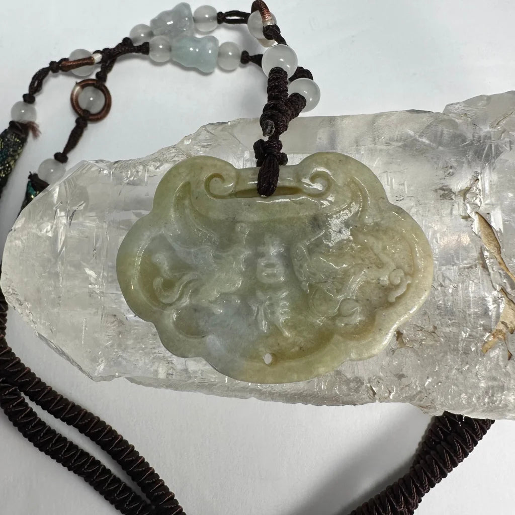 Phoenix nephrite jade dragon pendant on braided cord with beads
