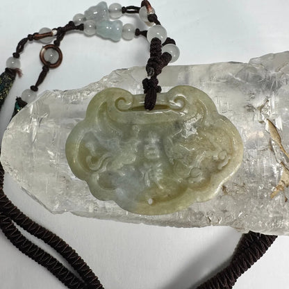 Phoenix nephrite jade dragon pendant on braided cord with beads