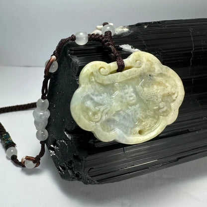 Phoenix nephrite jade dragon carved pendant on braided cord with beads