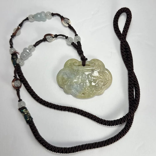 Phoenix nephrite jade dragon carved pendant on braided cord with beads