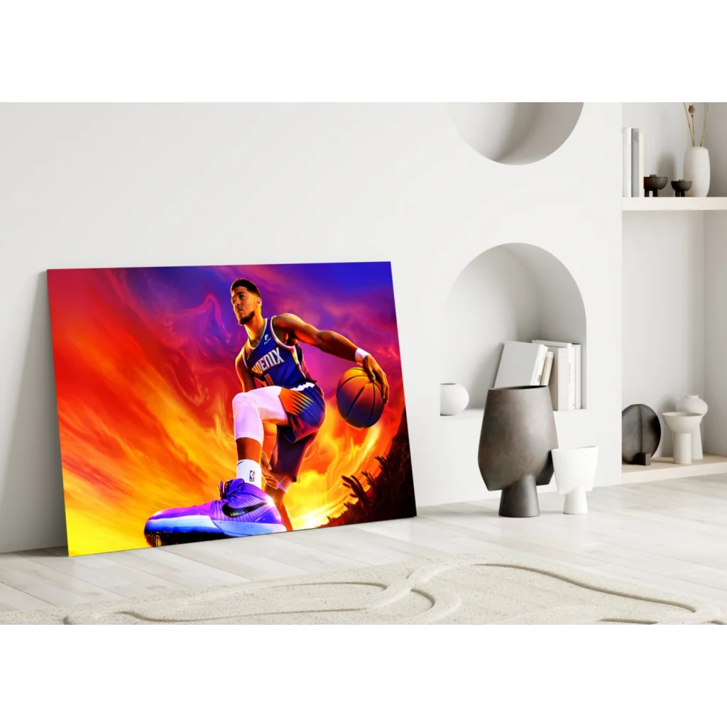 Phoenix Suns player in action canvas wall art with fiery backdrop