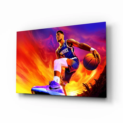 Phoenix Suns player in fiery purple orange flames canvas wall art