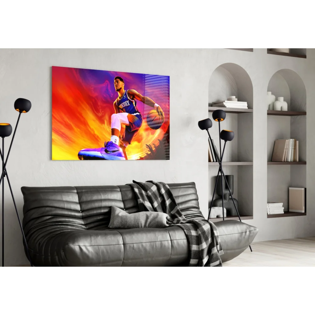 Phoenix Suns basketball player canvas wall art in fiery orange purple action