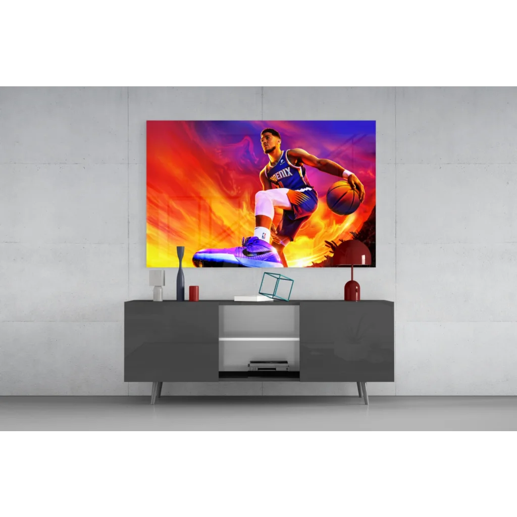 Vibrant Phoenix Suns basketball player canvas wall art in fiery orange purple hues