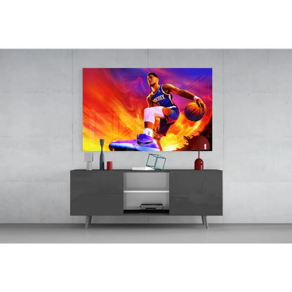 Vibrant Phoenix Suns basketball player canvas wall art in fiery orange purple hues
