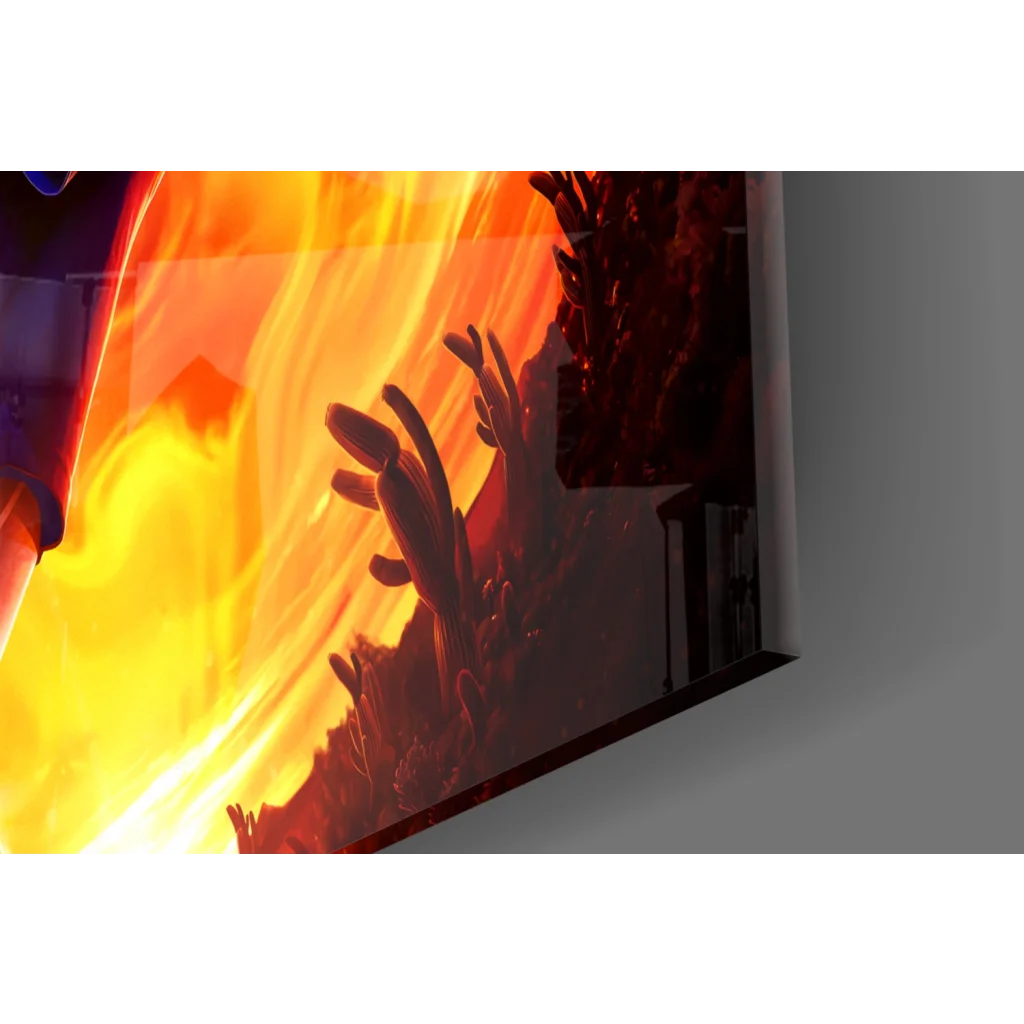 Fiery Phoenix Suns player glass wall art on vibrant orange acrylic panel