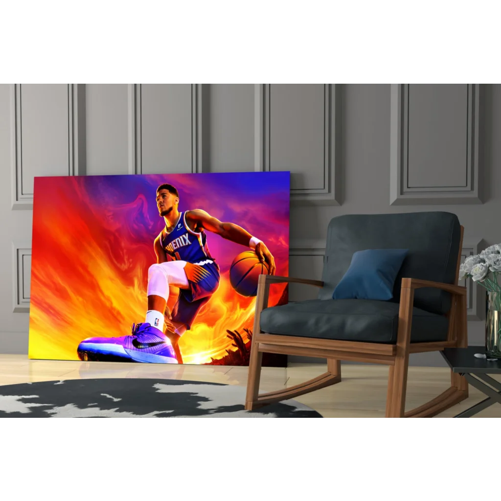 Phoenix Suns basketball player canvas wall art with fiery orange purple backdrop