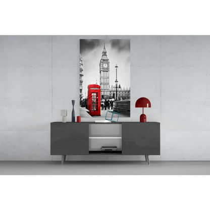 Iconic London red phone box in black and white tempered glass art