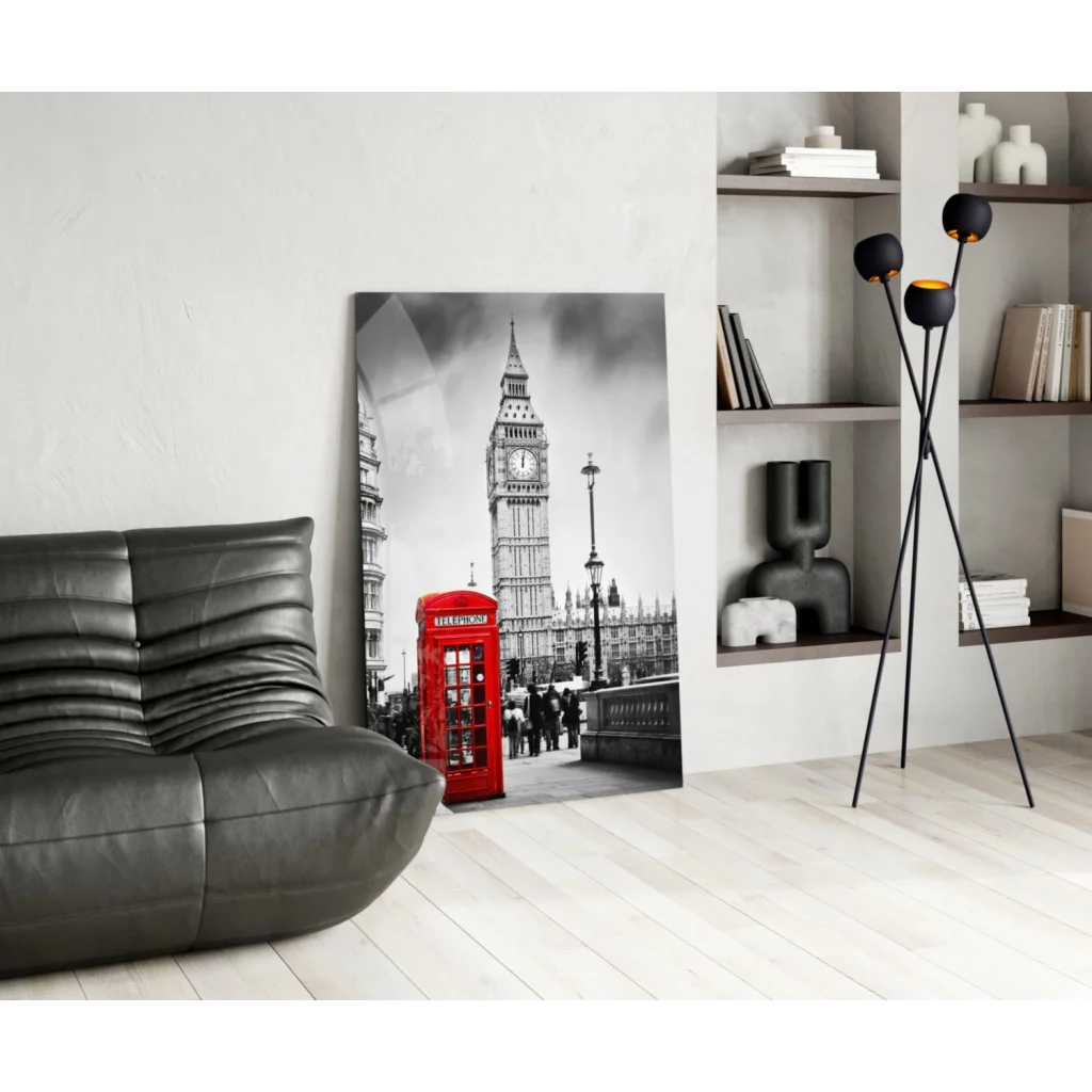 Iconic London red phone box with Big Ben on tempered glass art