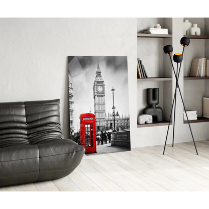 Iconic London red phone box with Big Ben on tempered glass art