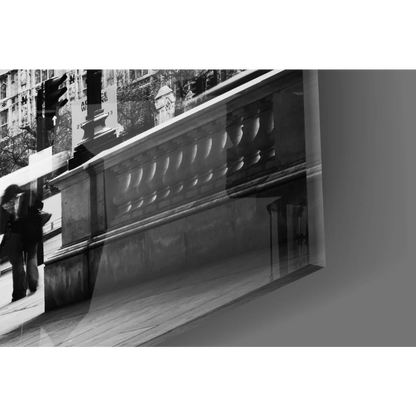 Iconic London red phone box on ornate black-and-white balustrade tempered glass art