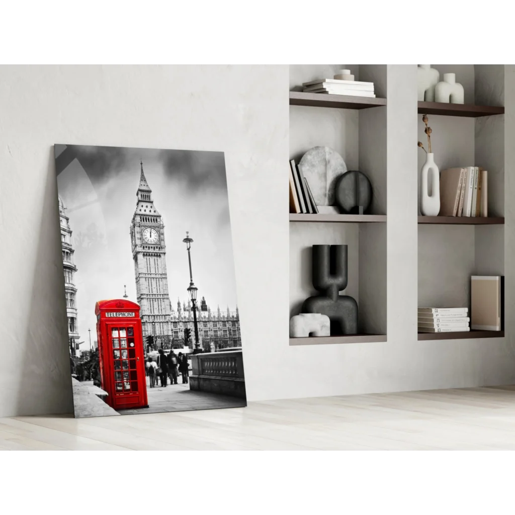 Iconic London red phone booth tempered glass art with Big Ben