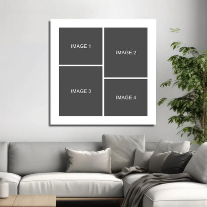 White framed canvas with four dark gray photo collage placeholders for custom wall art