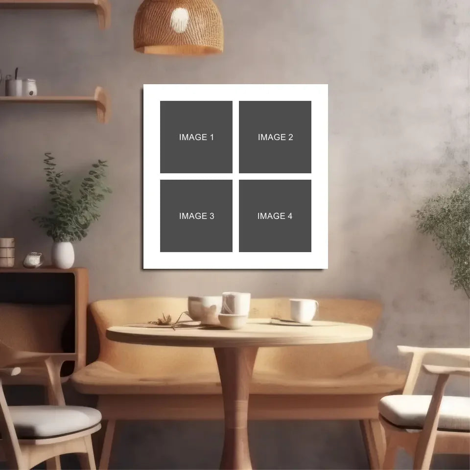 White framed canvas for custom photo collage wall art with gray image placeholders