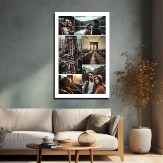 Custom white-framed photo collage wall art with scenic views and couple portraits