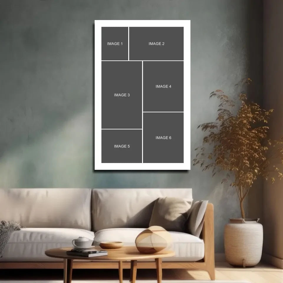 White-framed photo collage wall art with 6 gray placeholders