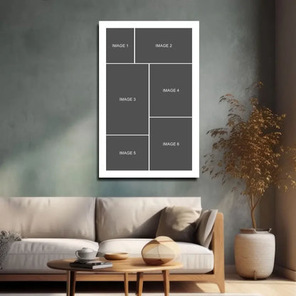 White-framed photo collage wall art with 6 gray placeholders