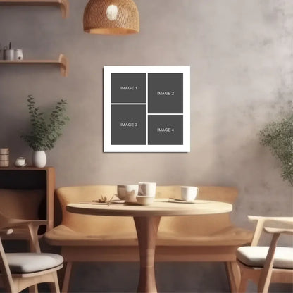 Minimalist white-framed photo collage wall art with four gray image placeholders