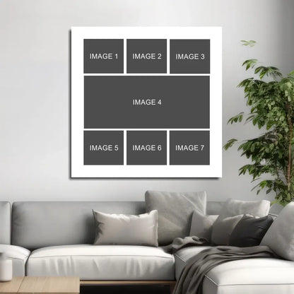 White framed custom photo collage wall art with 7 gray placeholders