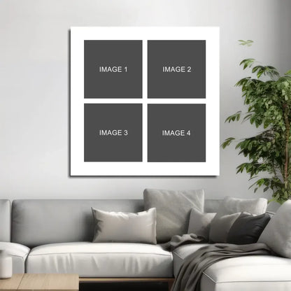 White framed canvas photo collage wall art with four gray squares