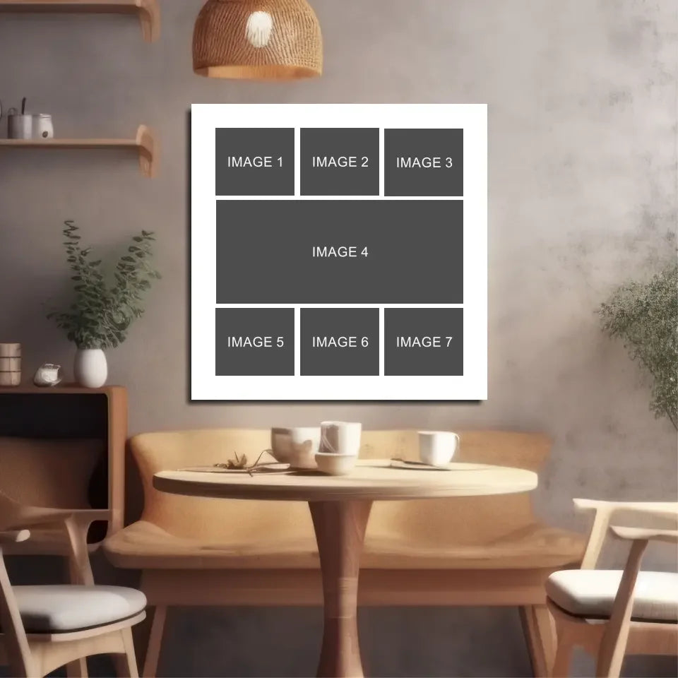 White framed canvas for custom photo collage wall art with 7 grid slots