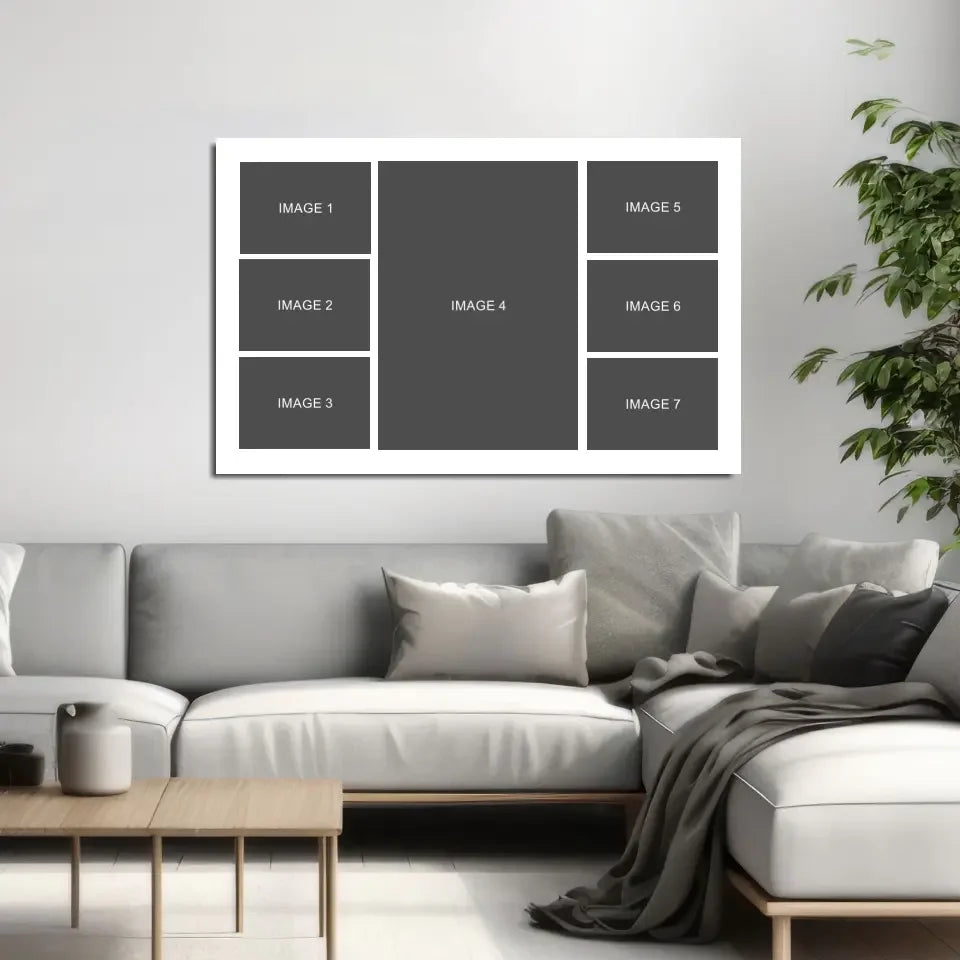 White-framed canvas photo collage wall art with gray panels