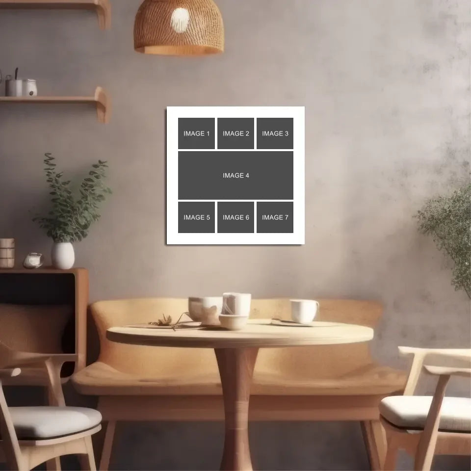 White-framed canvas with 7 gray photo collage placeholders for custom wall art